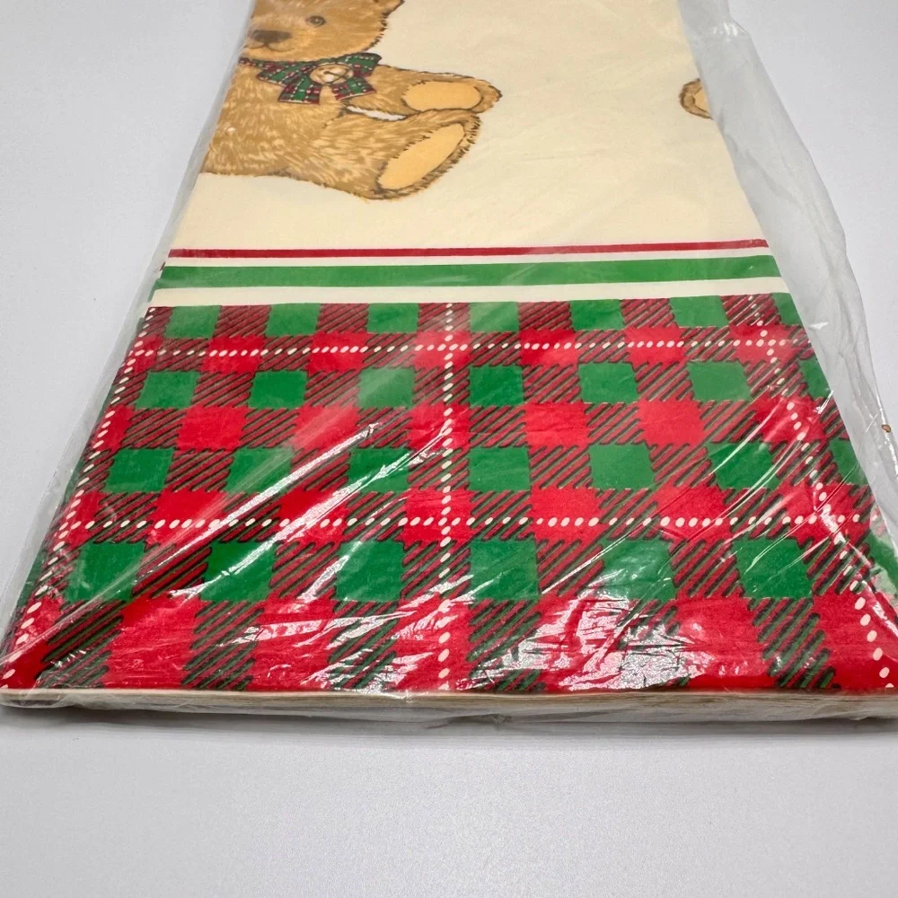 Vintage NOS Hallmark Paper Table Cover Bear Christmas Red Green Plaid 54x102